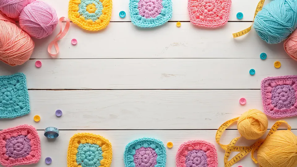 Granny Match title screen: crocheted granny squares, balls of yarn and buttons on a white wooden table